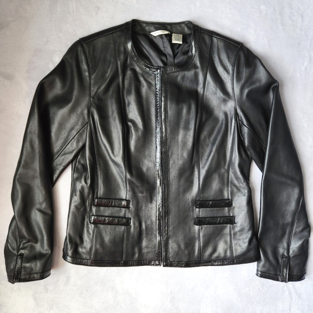 Structured Genuine Leather Fitted Jacket by Laura Ashley, Size Medium